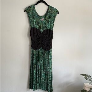Plenty by Tracy Reese Green Patterned Midi Dress with Black Ruched Waist